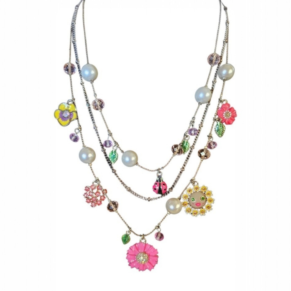 🌻🐞Betsey GARDEN PARTY Collection Layered Floral Multicolor Charm Necklace EPC